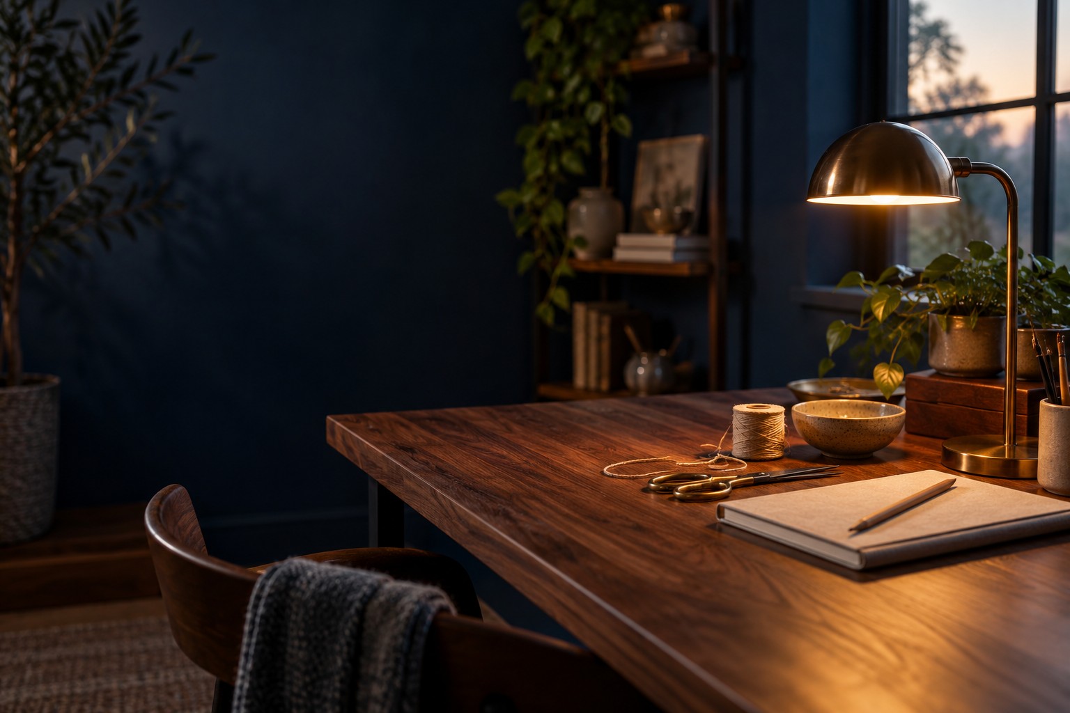 A creative workspace with a notebook, craft materials, and warm lamplight