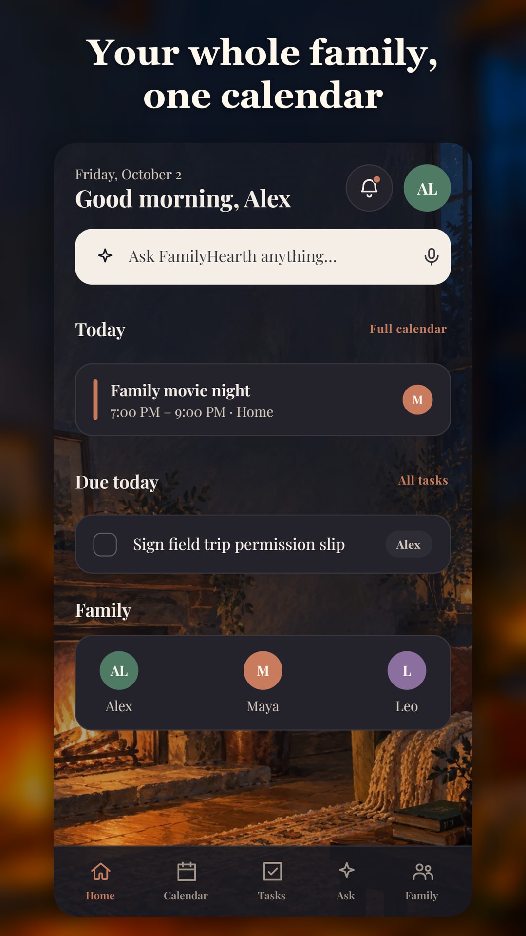 FamilyHearth Home screen in a painted scene style
