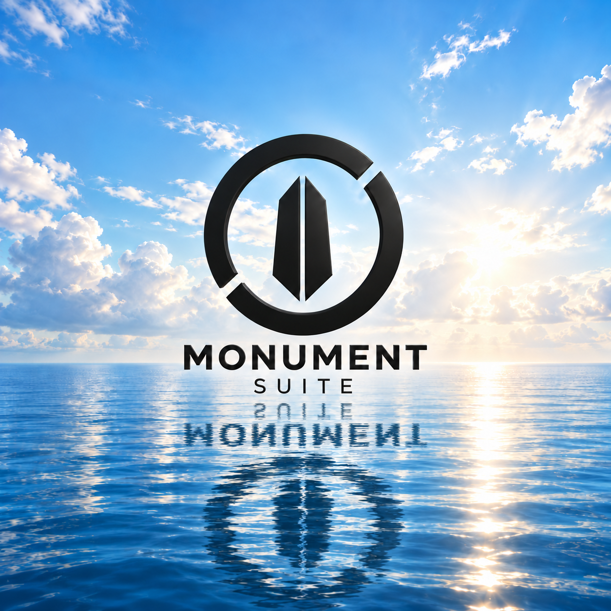Monument Suite black logo centered above a bright ocean beneath a blue sky