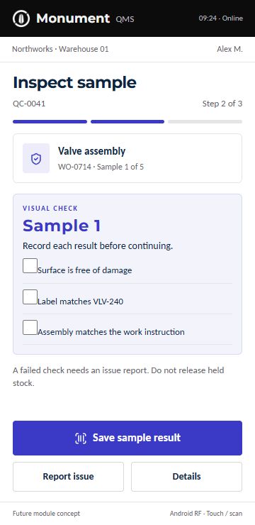 Record each sample check interface concept