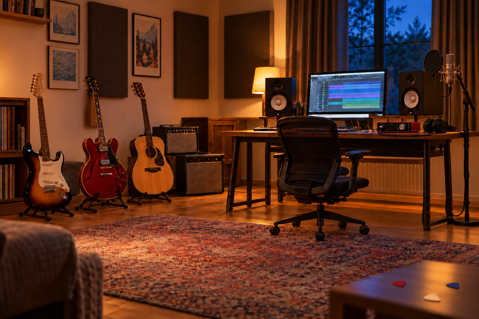 A home recording studio with guitars, amplifiers, a microphone and a recording desk