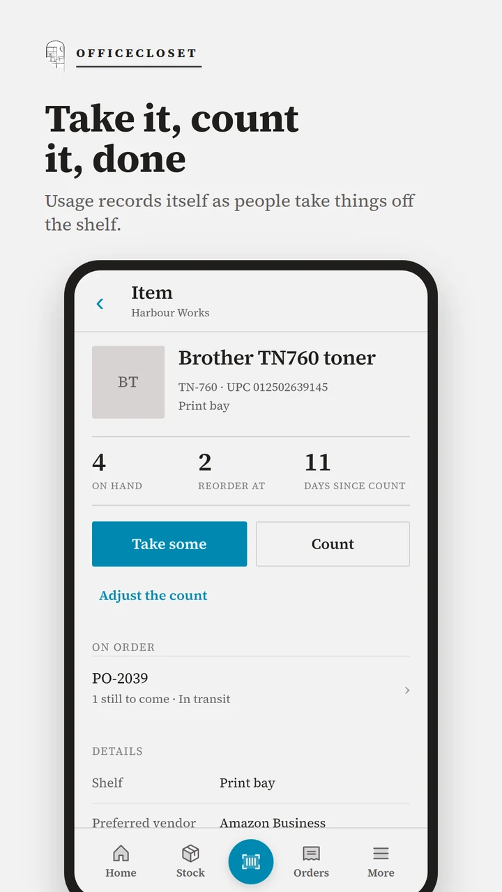 OfficeCloset phone item screen for recording usage and stock counts