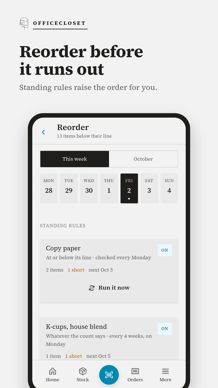 Manage standing reorder rules.