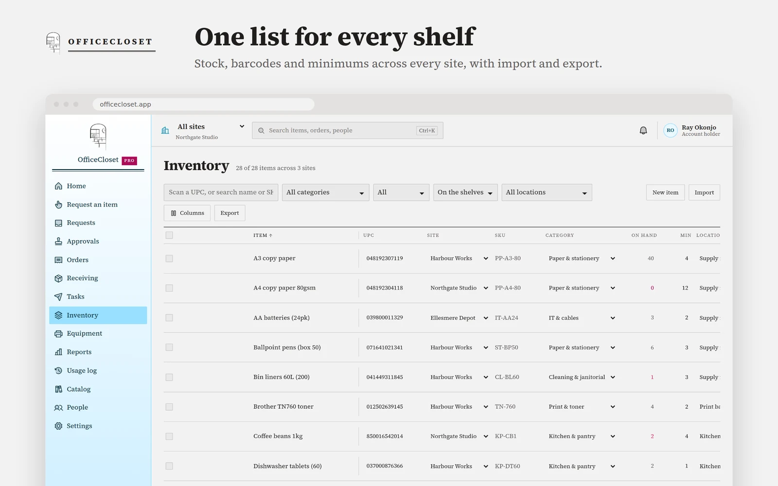 Organize inventory across office locations.