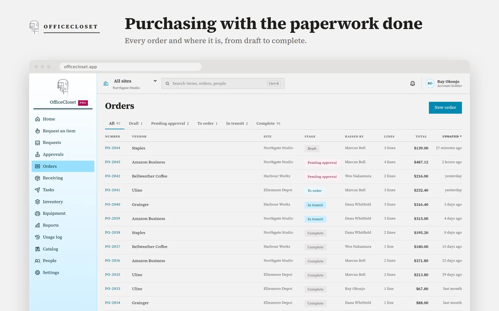 Follow purchase orders from draft to completion.