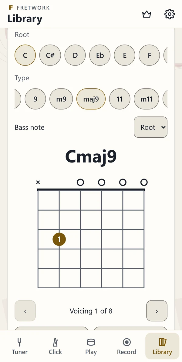 Fretwork Plus chord reference showing a C major ninth chord diagram