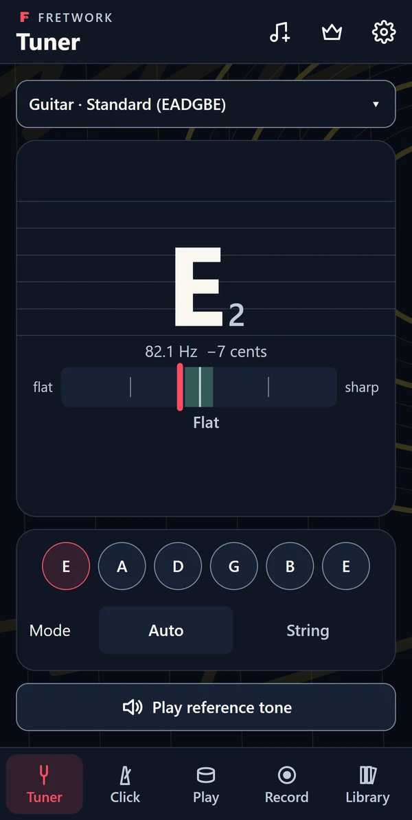 Fretwork chromatic tuner with note and string selection